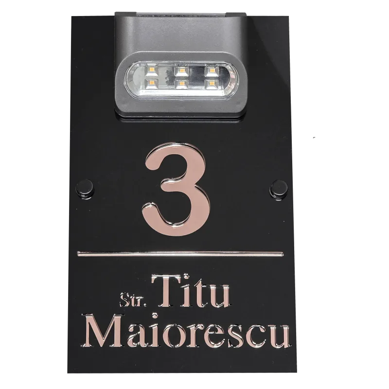 Plăcuță cu număr de casă iluminat LED negru lucios/Rose Gold